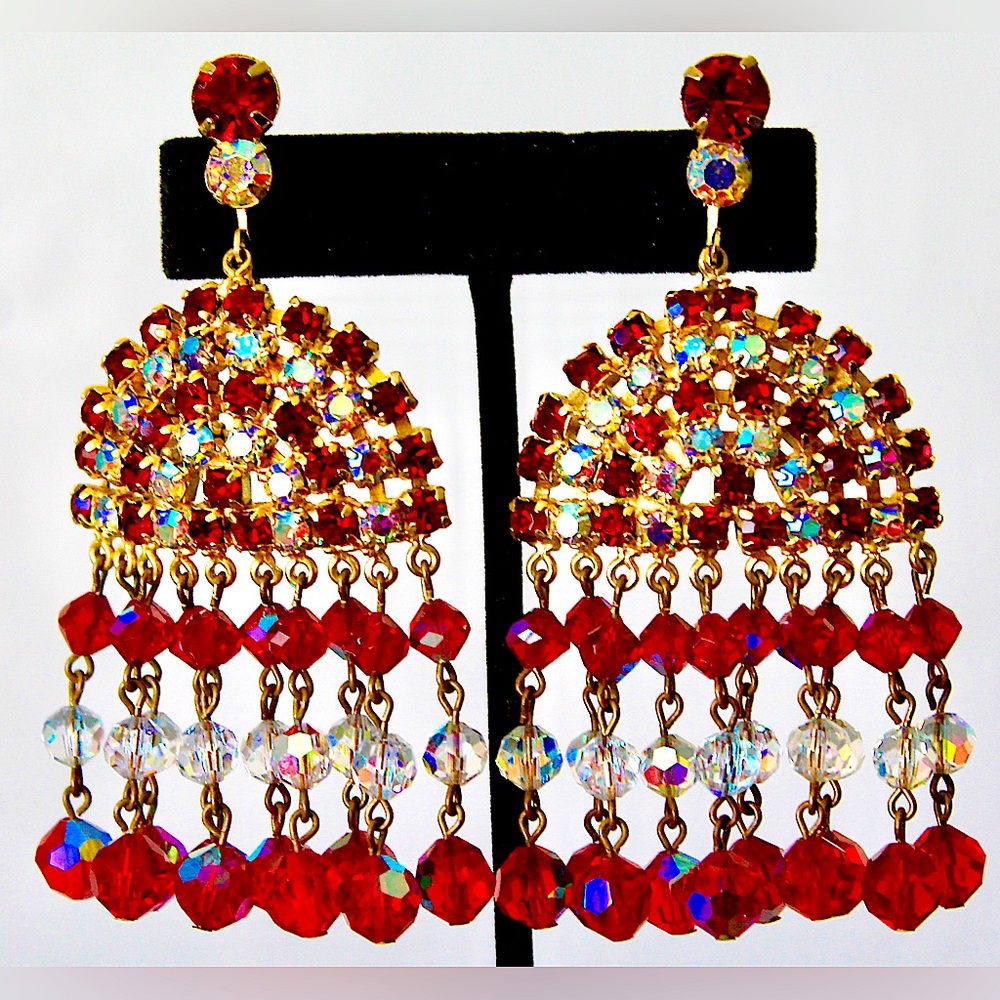 JULIANA D & E EARRINGS DANGLE CLIP ON RED AROUA BOREALIS VINTAGE